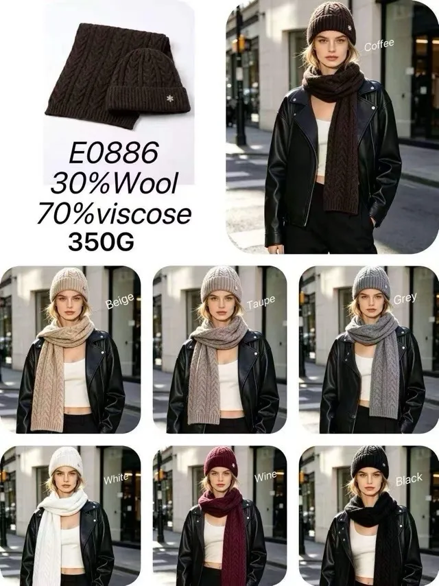 Komplet czapka i szalik z splotem warkoczowym w kolorach coffee, beige, taupe, grey, white, wine, black