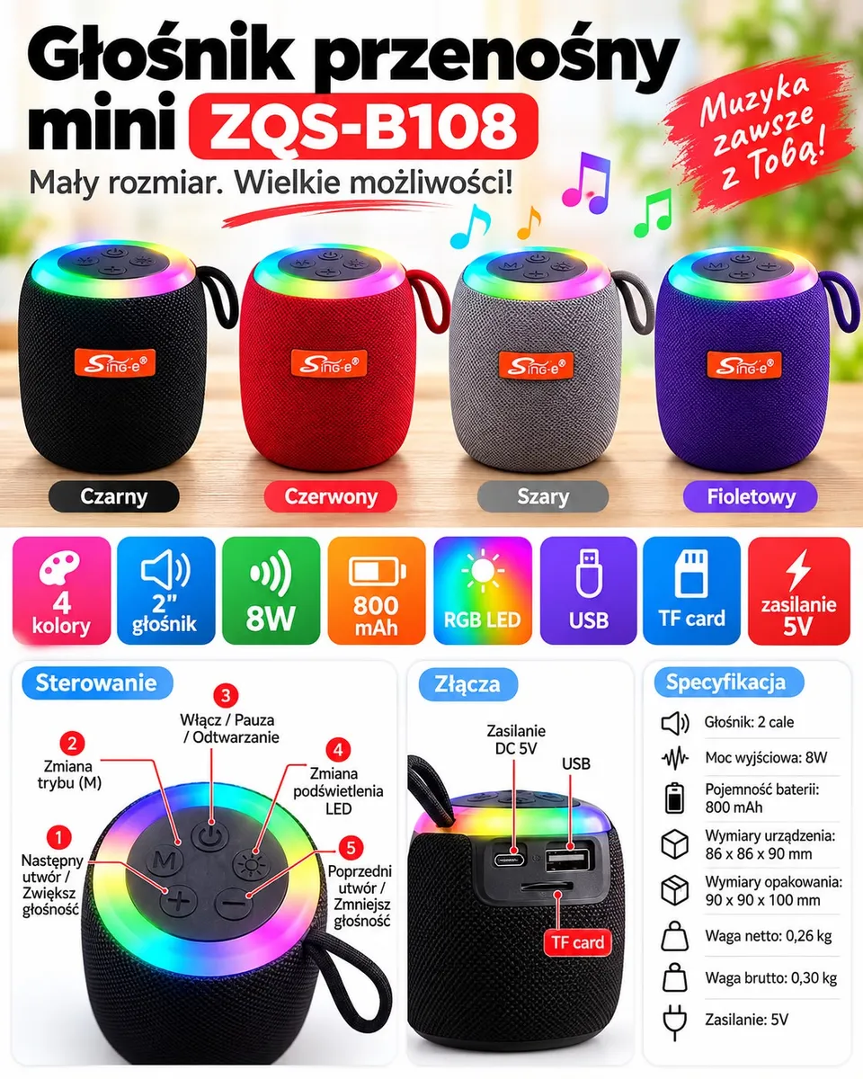 Cztery przenośne głośniki mini Bluetooth w kolorach czarnym, czerwonym, szarym i fioletowym z podświetleniem RGB LED