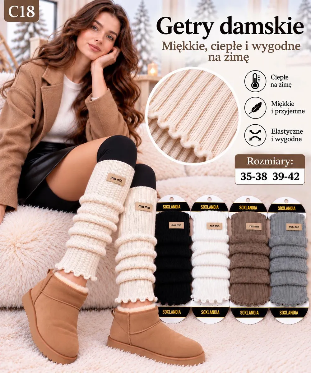 Damskie getry SOXLANDIA w pięciu kolorach, prążkowane z falbanką, modelka w beżowym płaszczu i butach