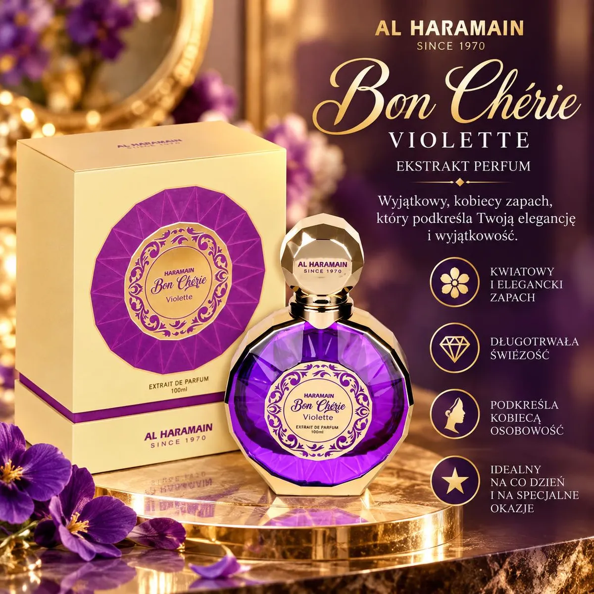 Fioletowy flakon perfum Al Haramain Bon Chérie Violette 100 ml z złotą nakrętką i kremowo-fioletowe opakowanie