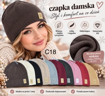 damska czapka w kolorze brązowym z miękkiej wiskozy na modelce, różne kolory czapek w tle