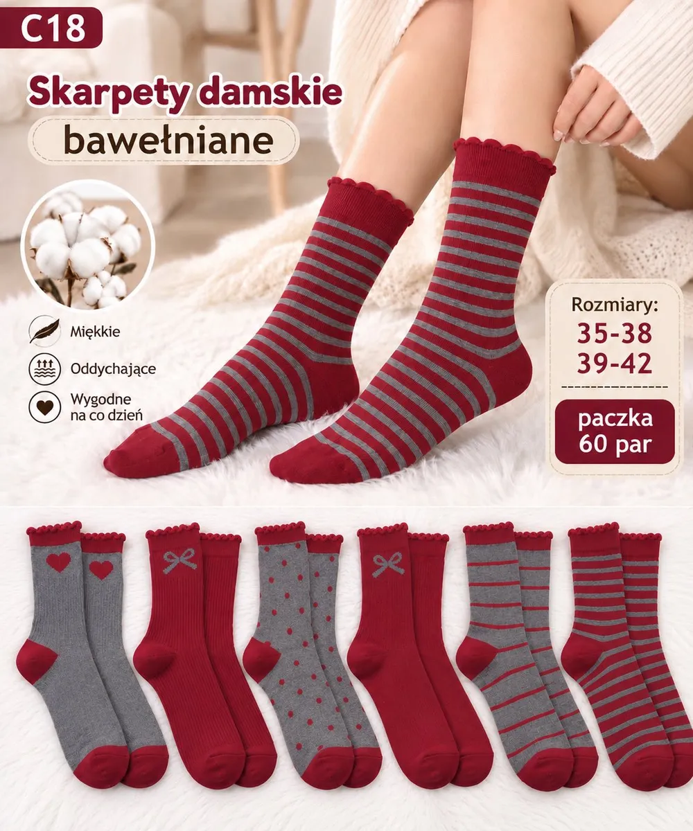 Skarpety damskie bawełniane czerwono-szare w paski i wzory, różne modele, rozmiary 35-42