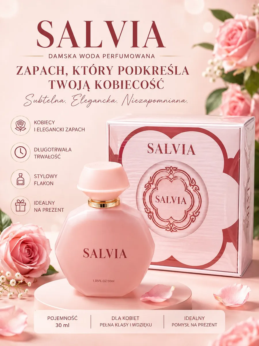 Różowy matowy flakon damskiej wody perfumowanej Salvia 30ml z kartonem ozdobionym kwiatami