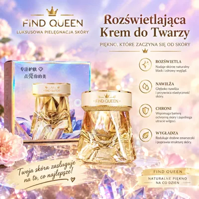 Złocisty słoiczek kremu Find Queen z geometrycznym wzorem i złotą zakrętką na tle kwiatów