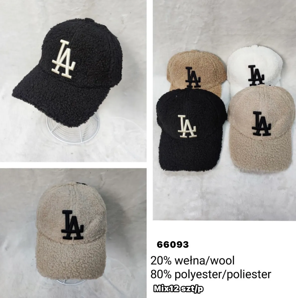 Czapki z daszkiem w czterech kolorach z miękkiego materiału z logo LA na froncie