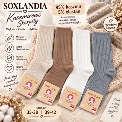 Cztery pary kaszmirowych skarpet SOXLANDIA w kolorach beżowym, brązowym, białym i szarym z metkami
