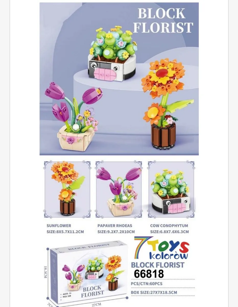 Zestaw klocków Block Florist z trzema modelami kwiatów w doniczkach: słonecznik, mak polny, roślina z motywem krowy
