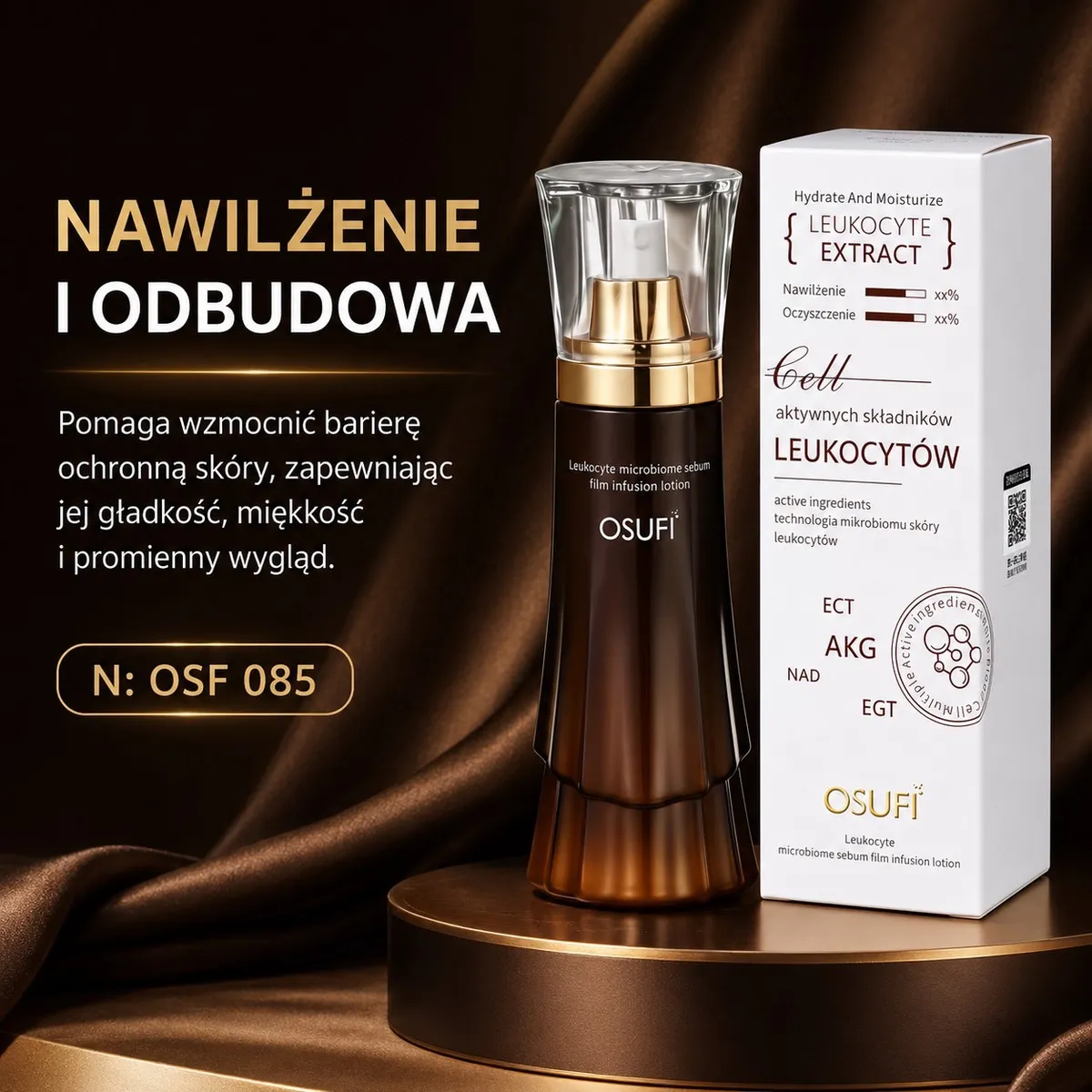 Brązowa butelka emulsji do twarzy OSUFI z przezroczystą nakrętką i złotym aplikatorem obok białego pudełka z opisem produktu