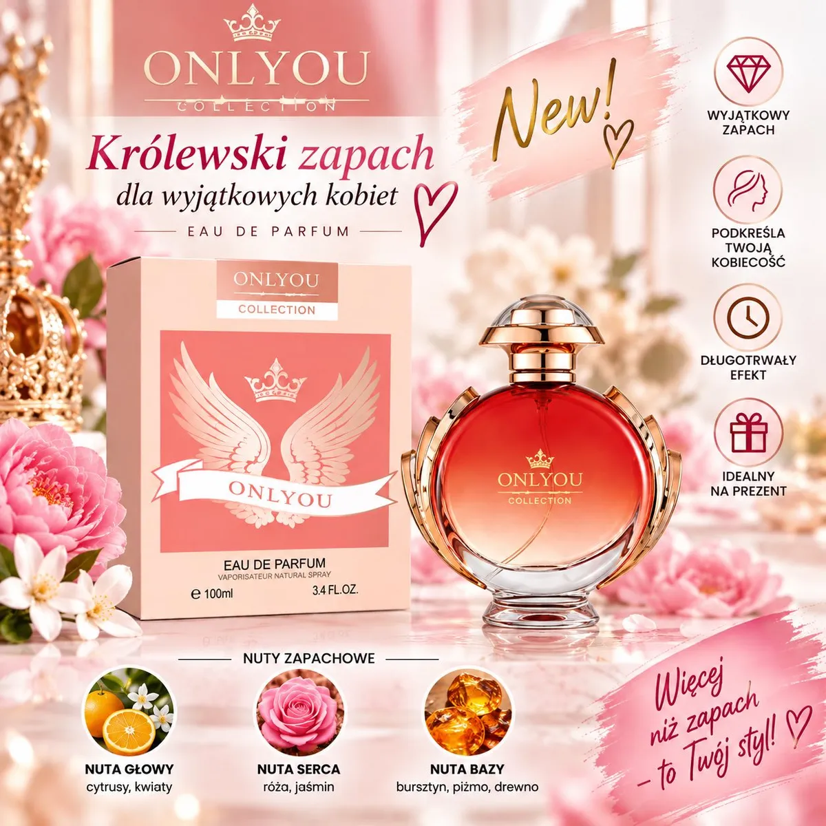 Perfumy OnlyYou Collection 100ml w czerwono-złotym flakonie z opakowaniem w pastelowym różu