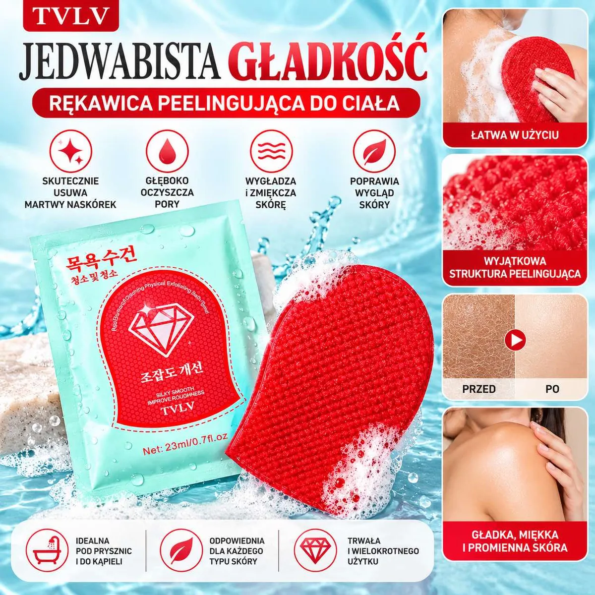 czerwona rękawica peelingująca do ciała z wyraźną strukturą, opakowanie turkusowe, zdjęcia użycia