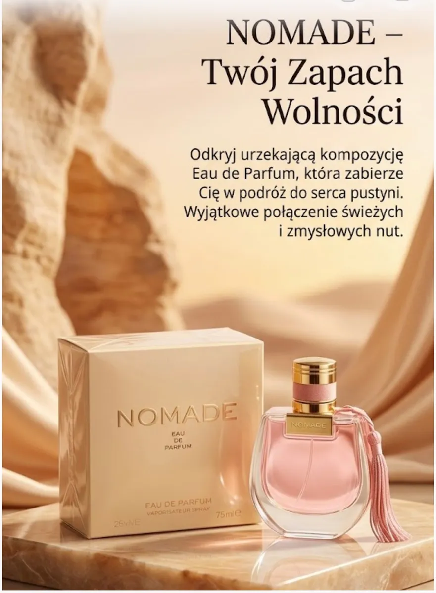 Butelka perfum Nomade z różowym płynem i złotym korkiem obok kremowego opakowania