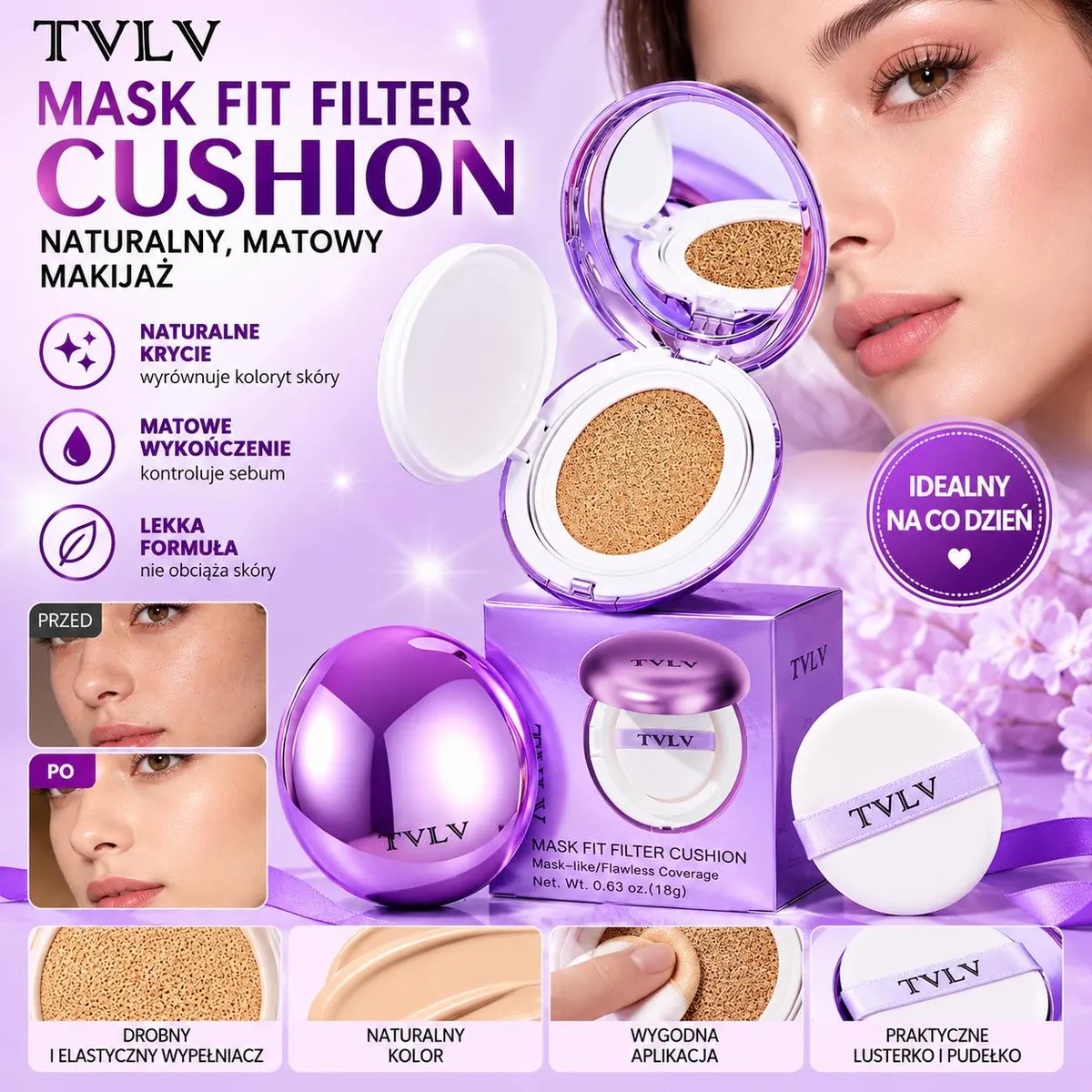 fioletowe opakowanie cushion TVLV z lusterkiem, puszkiem i naturalnym makijażem na twarzy