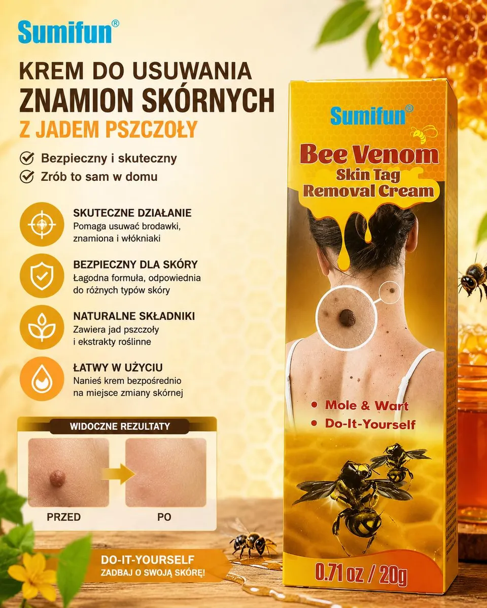 Opakowanie kremu Sumifun Bee Venom do usuwania znamion skórnych z grafiką pszczół i plastra miodu