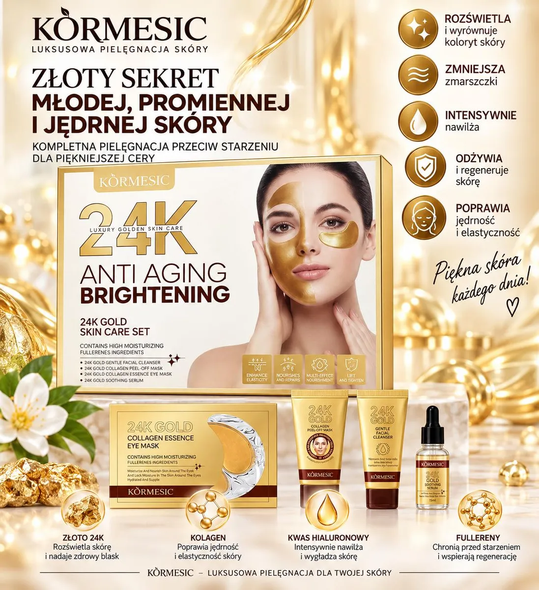 Zestaw kosmetyków KORMESIC 24K Gold z kremami, serum i maską pod oczy na złotym tle