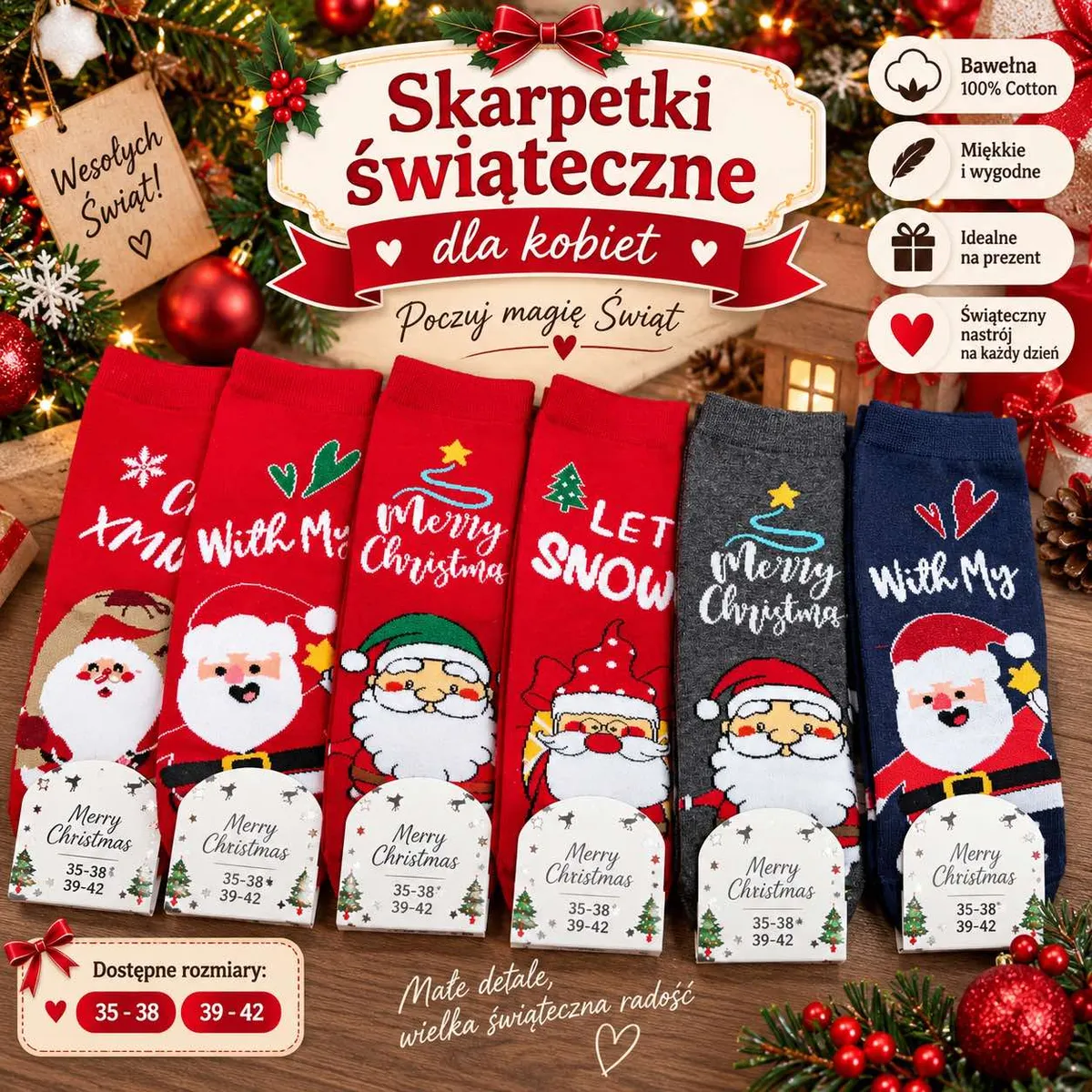 Sześć par kolorowych skarpetek damskich z motywami świątecznymi i Mikołajem, rozmiary 35-42