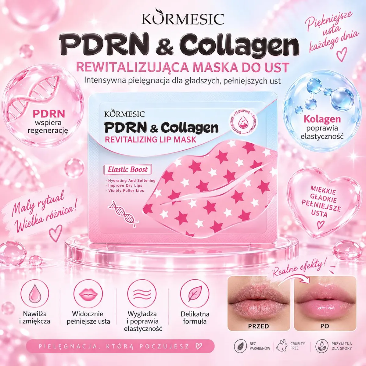 Opakowanie różowej maski do ust KORMESIC PDRN & Collagen z motywem gwiazdek i opisem działania