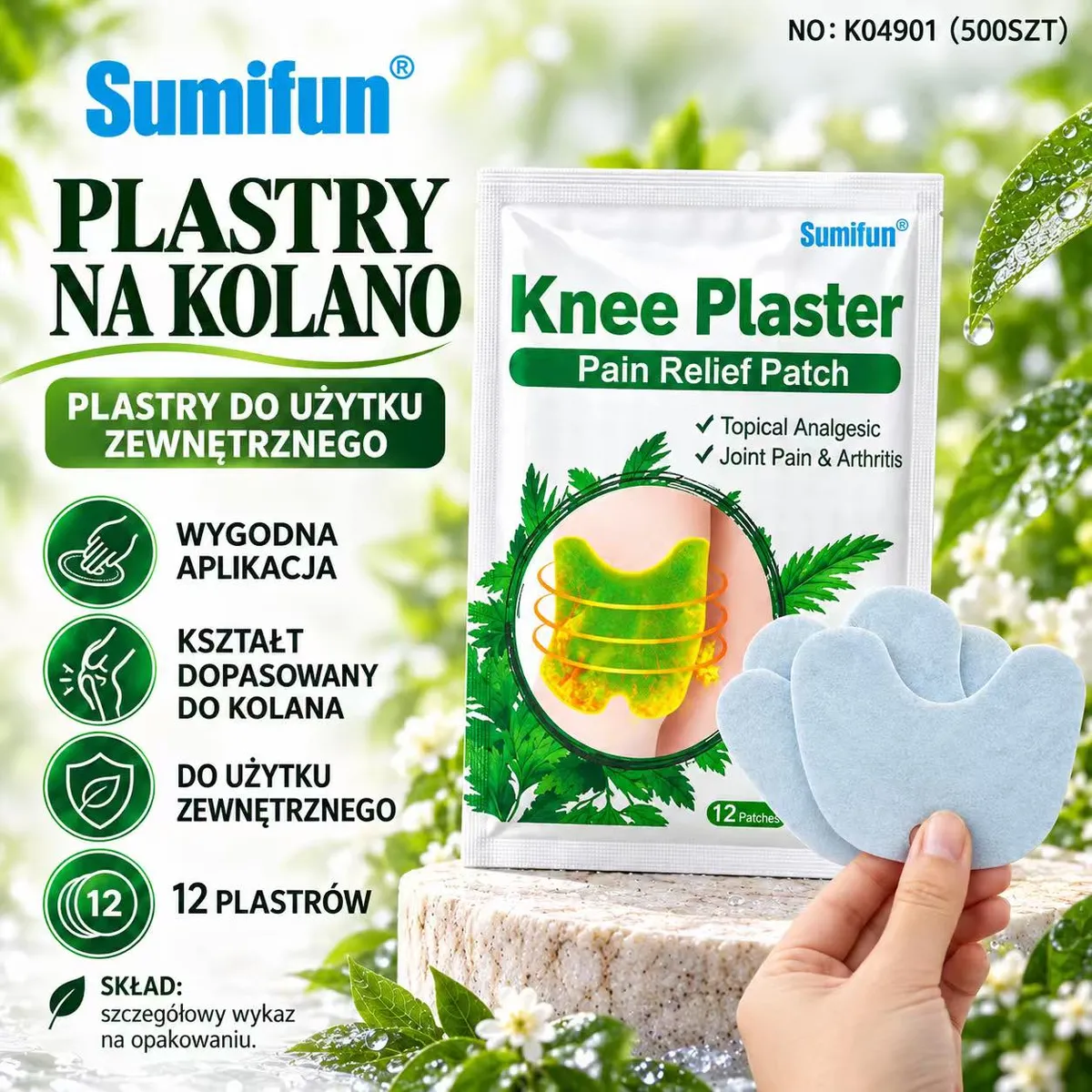 Plastry na kolano Sumifun w kształcie dopasowanym do kolana, opakowanie 12 sztuk, ręka trzymająca plastry