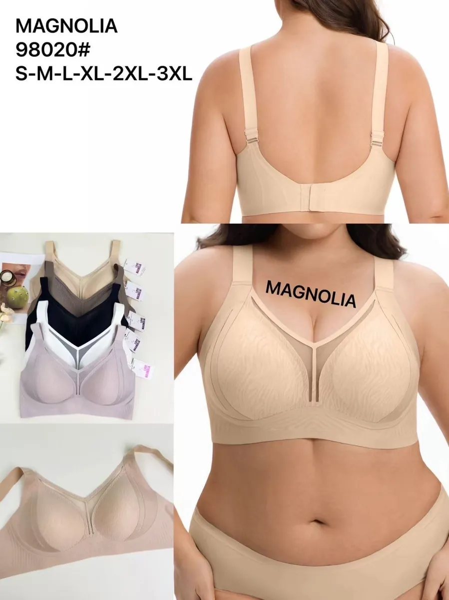 Biustonosz Magnolia beżowy miękki bez fiszbin na modelce plus size oraz zestaw kolorów
