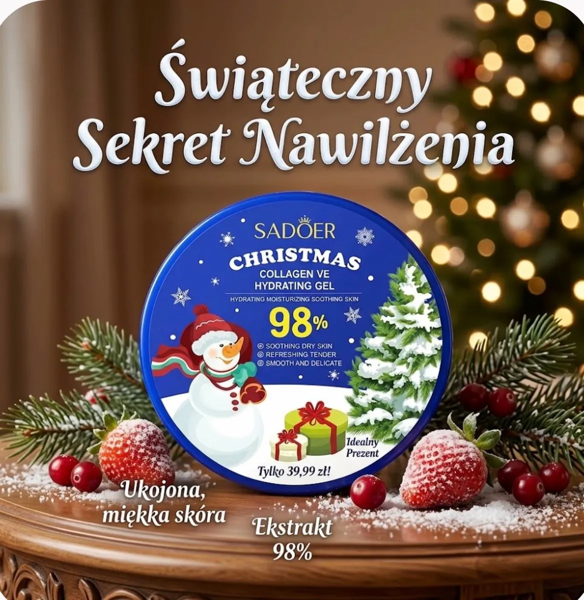 Opakowanie granatowego żelu nawilżającego SADOER Christmas z motywem bałwanka i choinki na drewnianym stole z owocami i świąt
