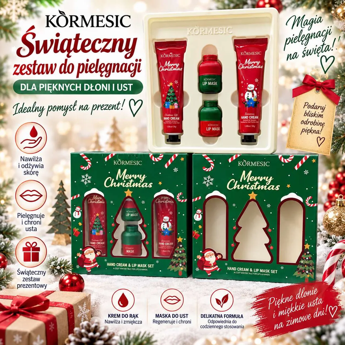 Świąteczny zestaw kosmetyków Körmesic z kremami do rąk i maskami do ust w zielono-czerwonym opakowaniu