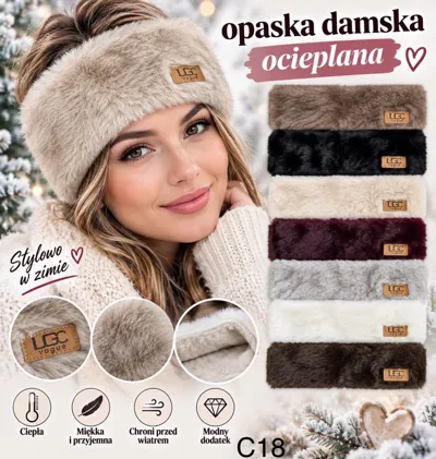 sześć ocieplanych opasek damskich w różnych kolorach z miękkim futerkiem i logo LGC