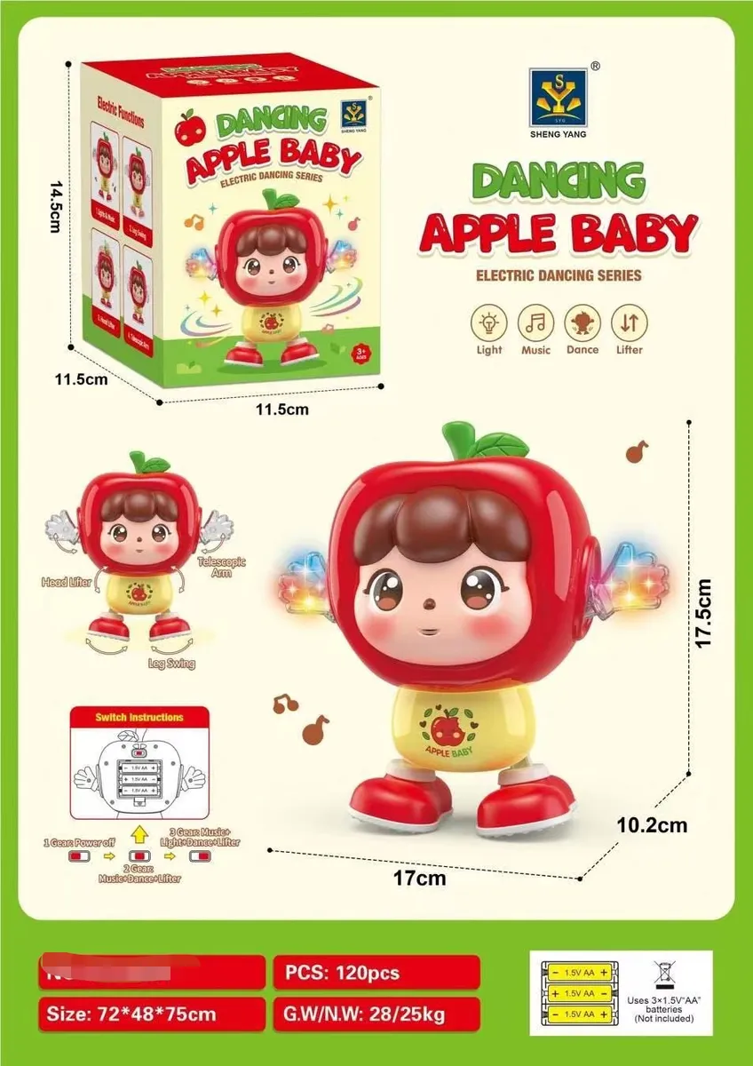 Zabawka Dancing Apple Baby z głową jabłka, świecącymi ramionami i ruchomymi nogami