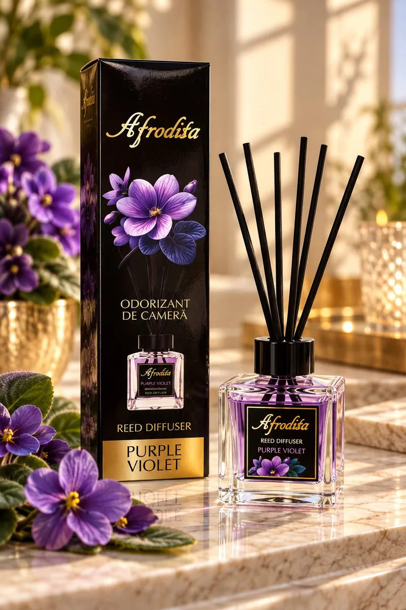Odświeżacz powietrza Afrodita purple violet w szklanym flakonie z czarnymi patyczkami i czarne opakowanie z fioletowymi kwiat