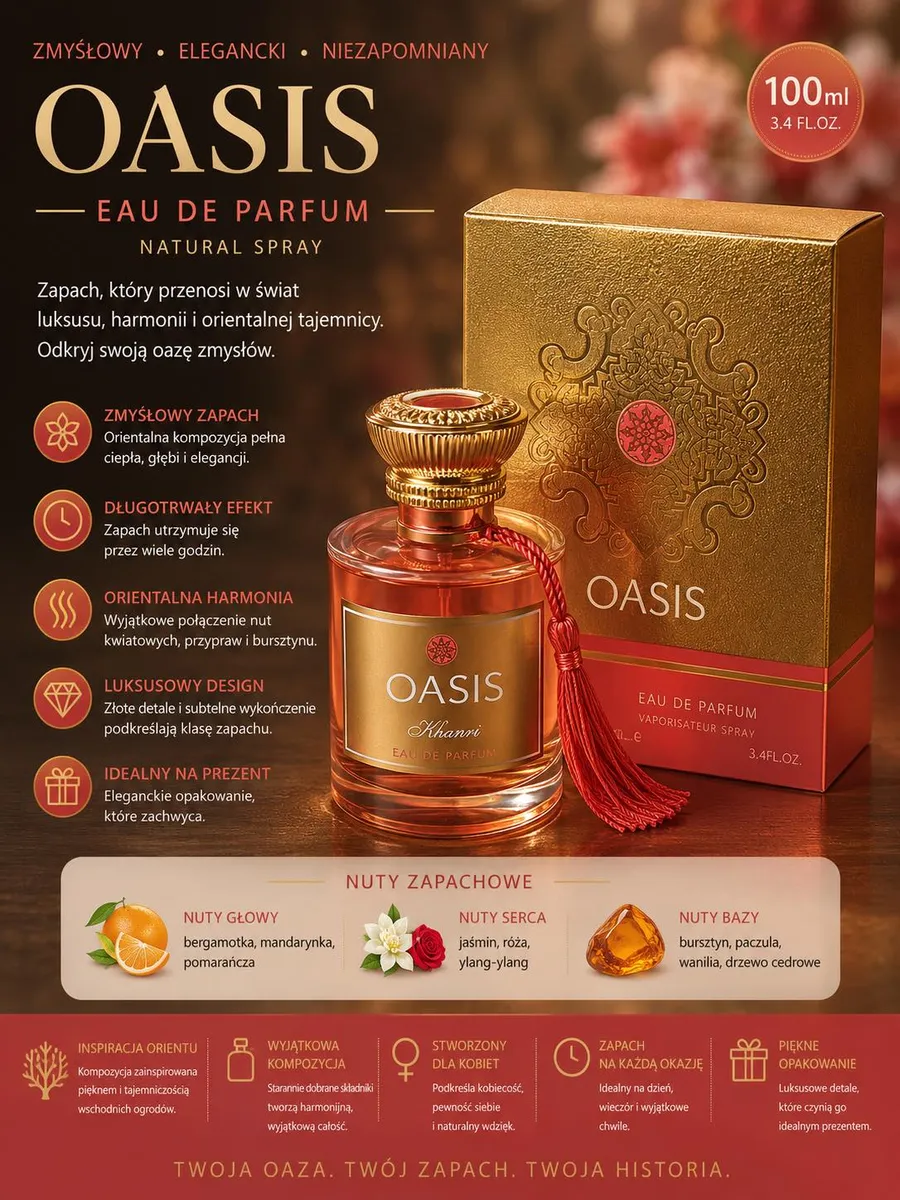 Perfumy OASIS Khanni 100ml w złotym flakonie z czerwonym frędzlem i eleganckim opakowaniem