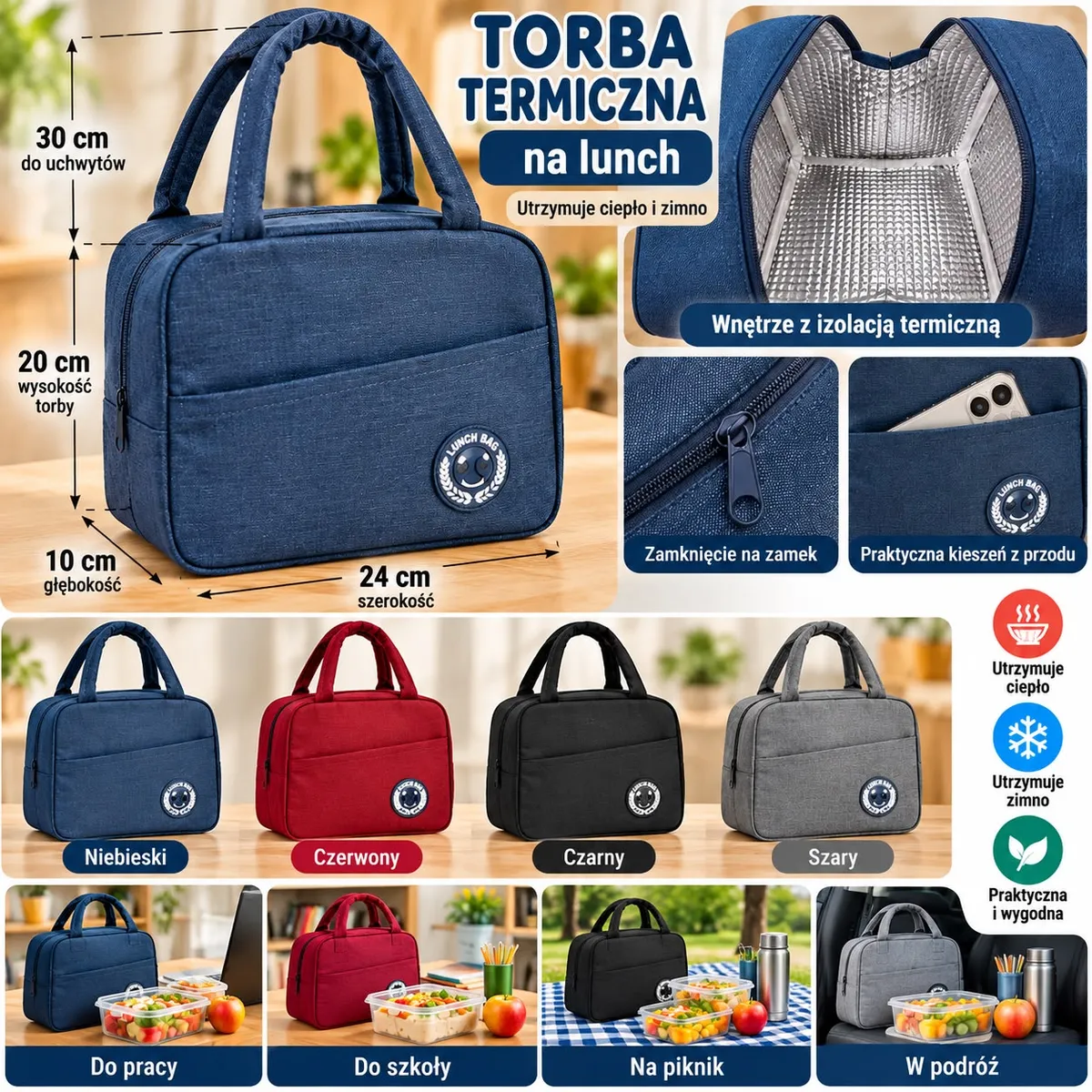 Granatowa torba termiczna na lunch z uchwytami, zamkiem i kieszenią, wymiary 24x10x20 cm, wnętrze z izolacją