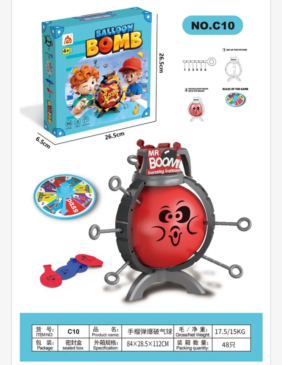 Gra Balloon Bomb z czerwonym balonem w plastikowej ramie, spinner i kolorowe balony zapasowe