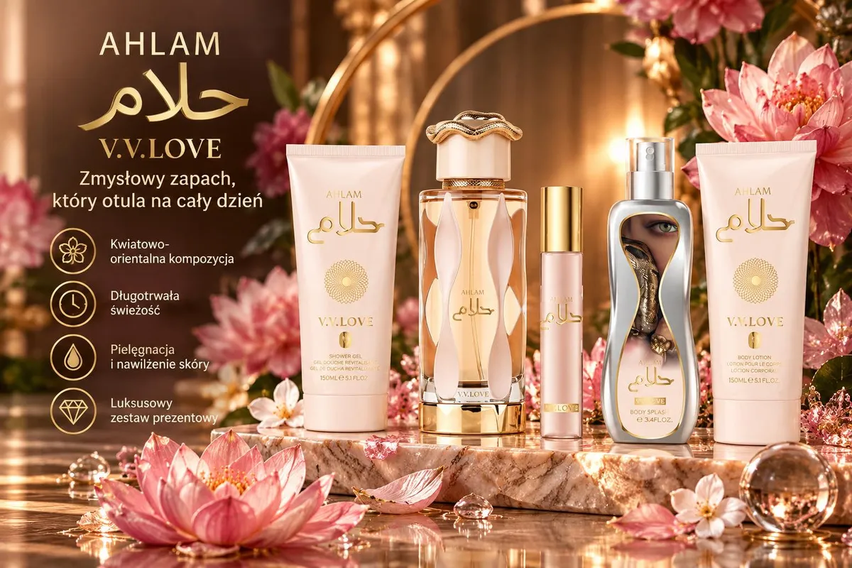 Zestaw kosmetyków AHLAM V.V.LOVE z miniaturową buteleczką perfum i luksusowym opakowaniem