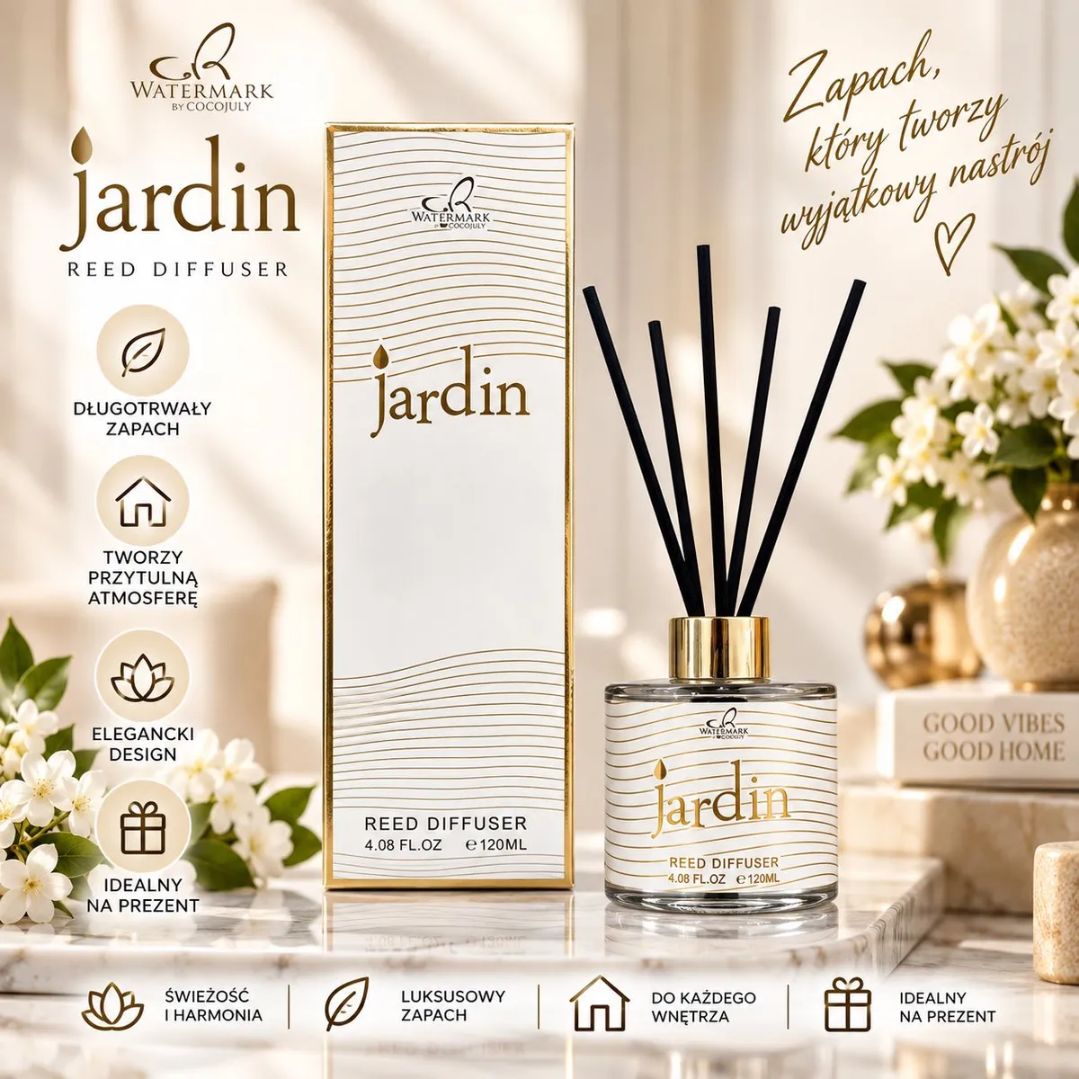 Perfumy z patyczkami Jardin w szklanej butelce 120 ml z czarnymi patyczkami i białym opakowaniem ze złotymi zdobieniami
