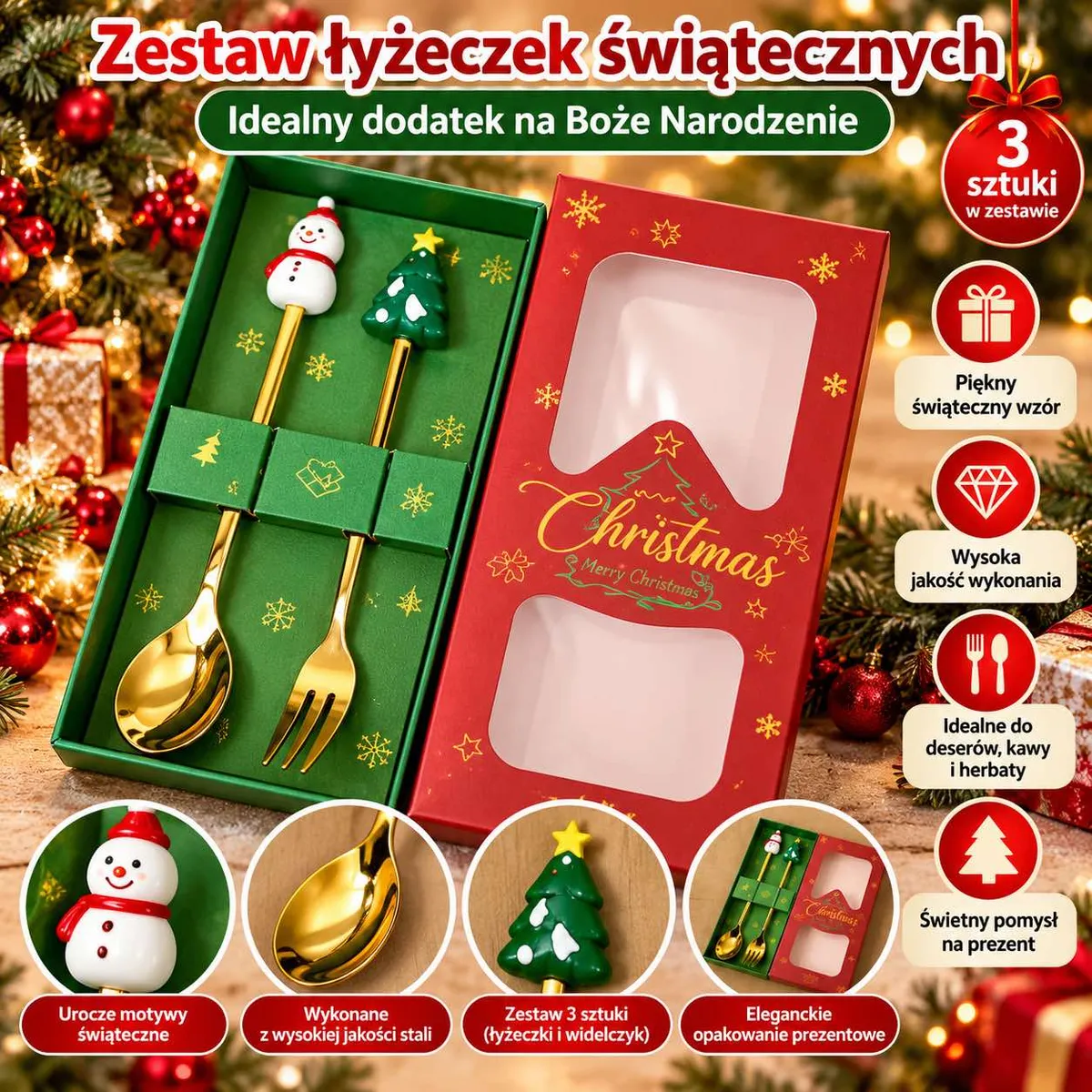 Zestaw świątecznych złotych łyżeczek i widelczyka z motywem choinki i bałwanka