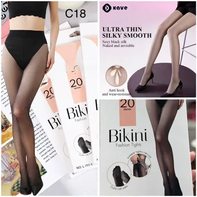 Czarne rajstopy Bikini 20 den na modelce, opakowanie z napisem Ultra Thin Silky Smooth