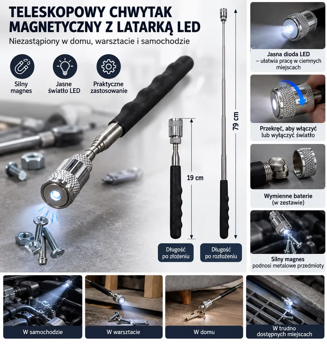 Teleskopowy chwytak magnetyczny z czarną rączką i latarką LED, długość 19-79 cm