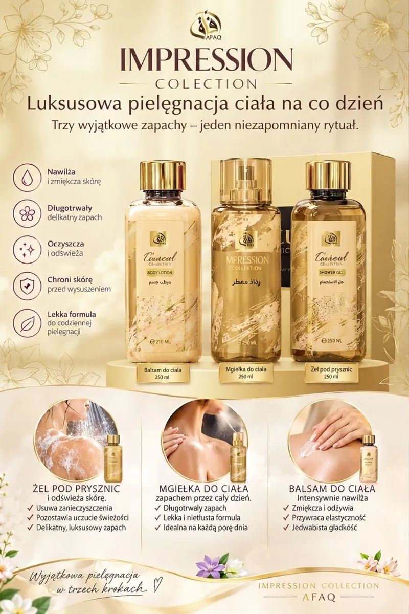 Zestaw kosmetyków Impression Collection: balsam, mgiełka i żel pod prysznic w złotych butelkach 250 ml