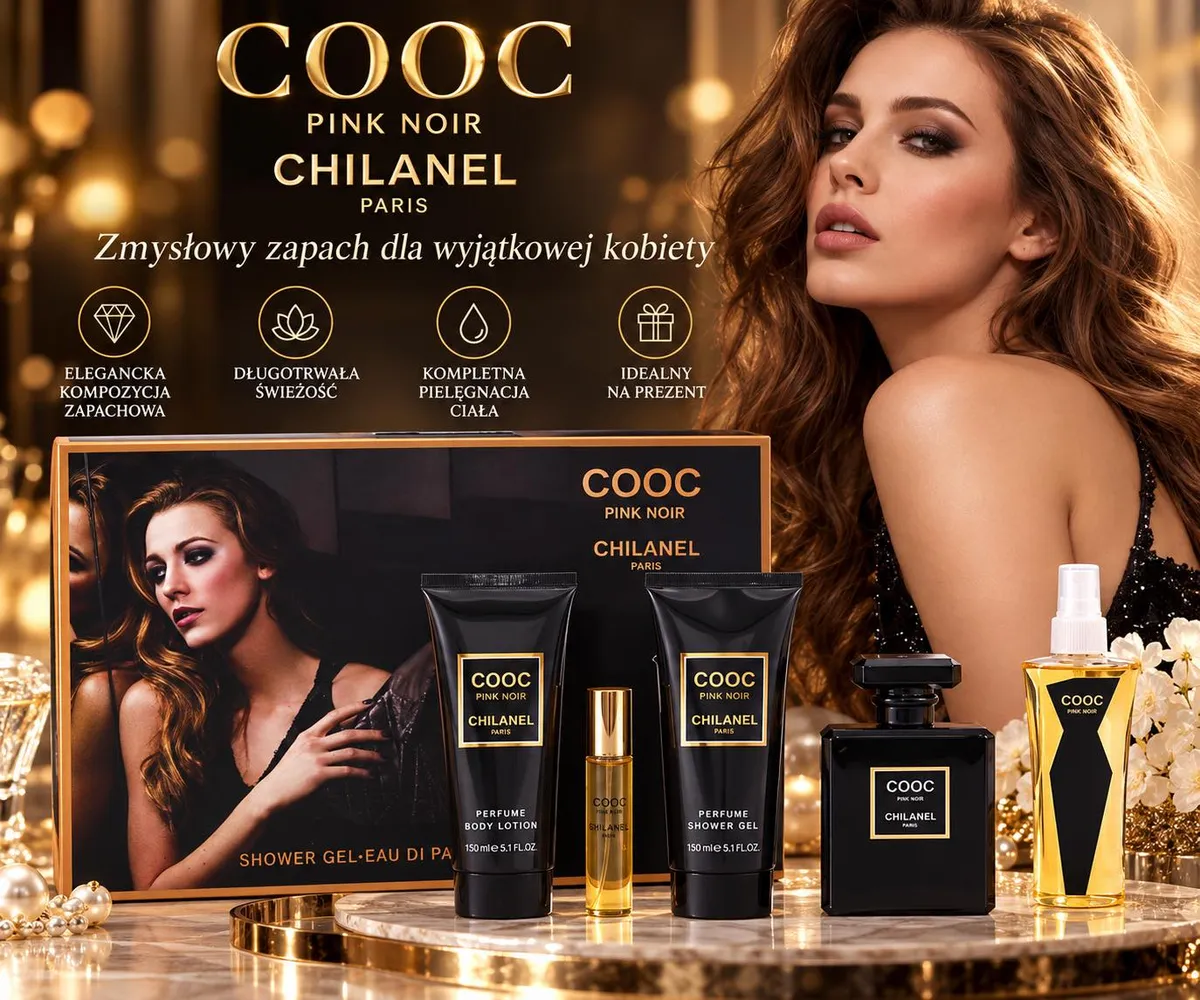 Zestaw perfum COOC Pink Noir z czarnymi tubami balsamu i żelu, czarną butelką perfum i złotą mgiełką zapachową