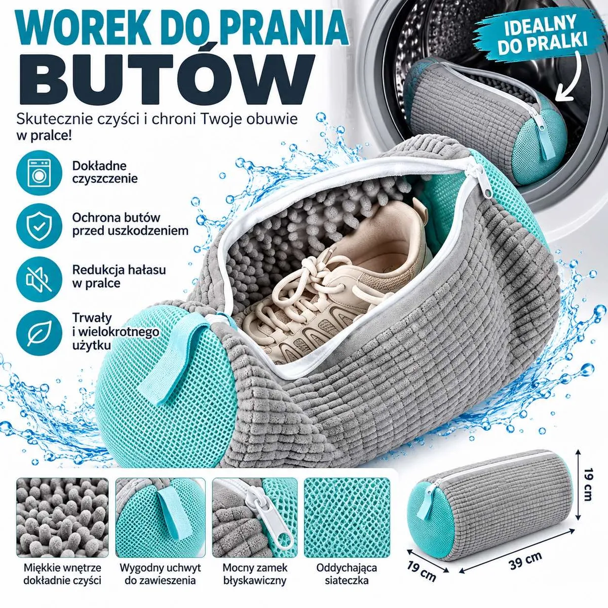 Szary worek do prania butów z turkusową siateczką i białym zamkiem, but w środku, w pralce