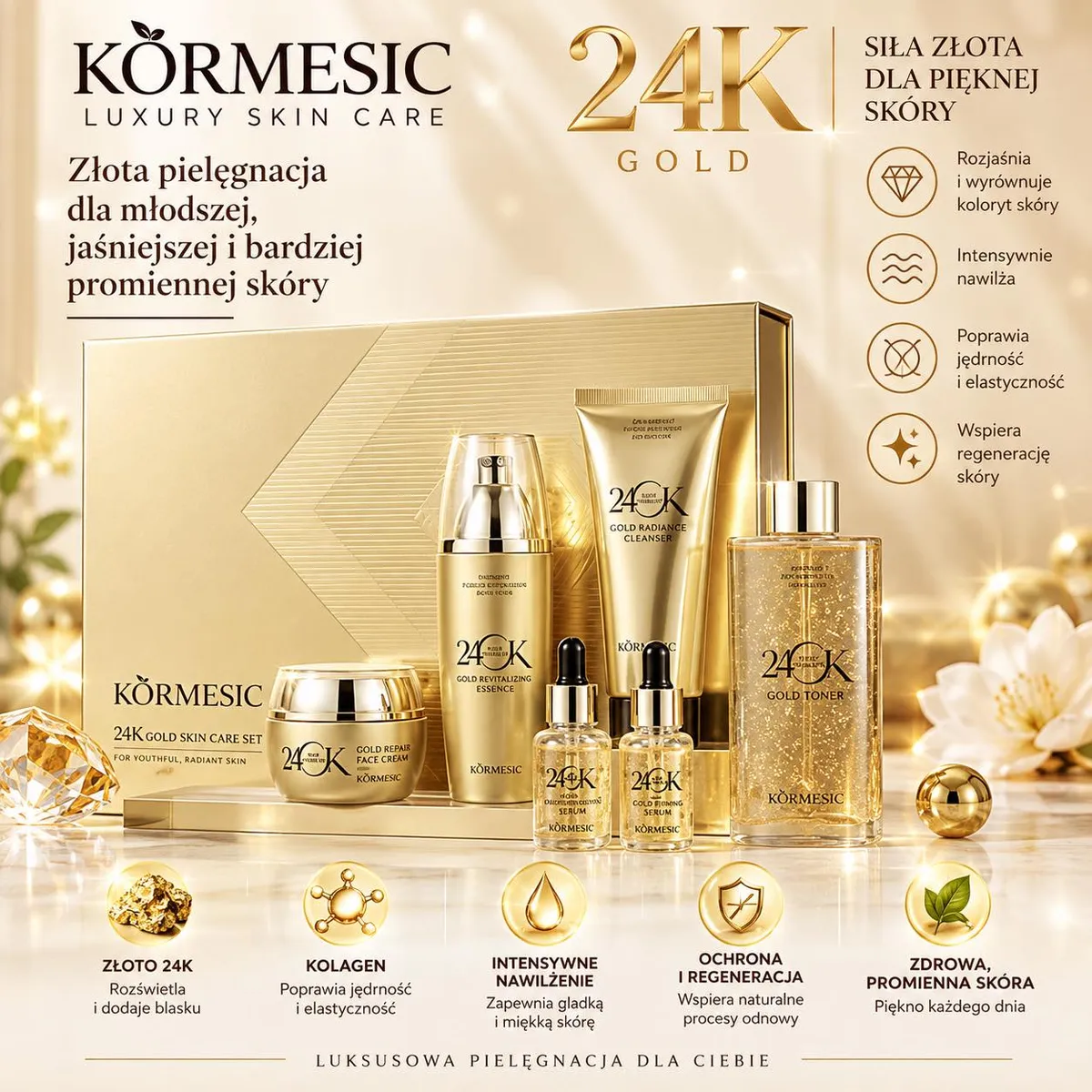 Złoty zestaw kosmetyków Körmesic 24K Gold z kremem, esencją, żelem, tonikiem i serum na złotym tle