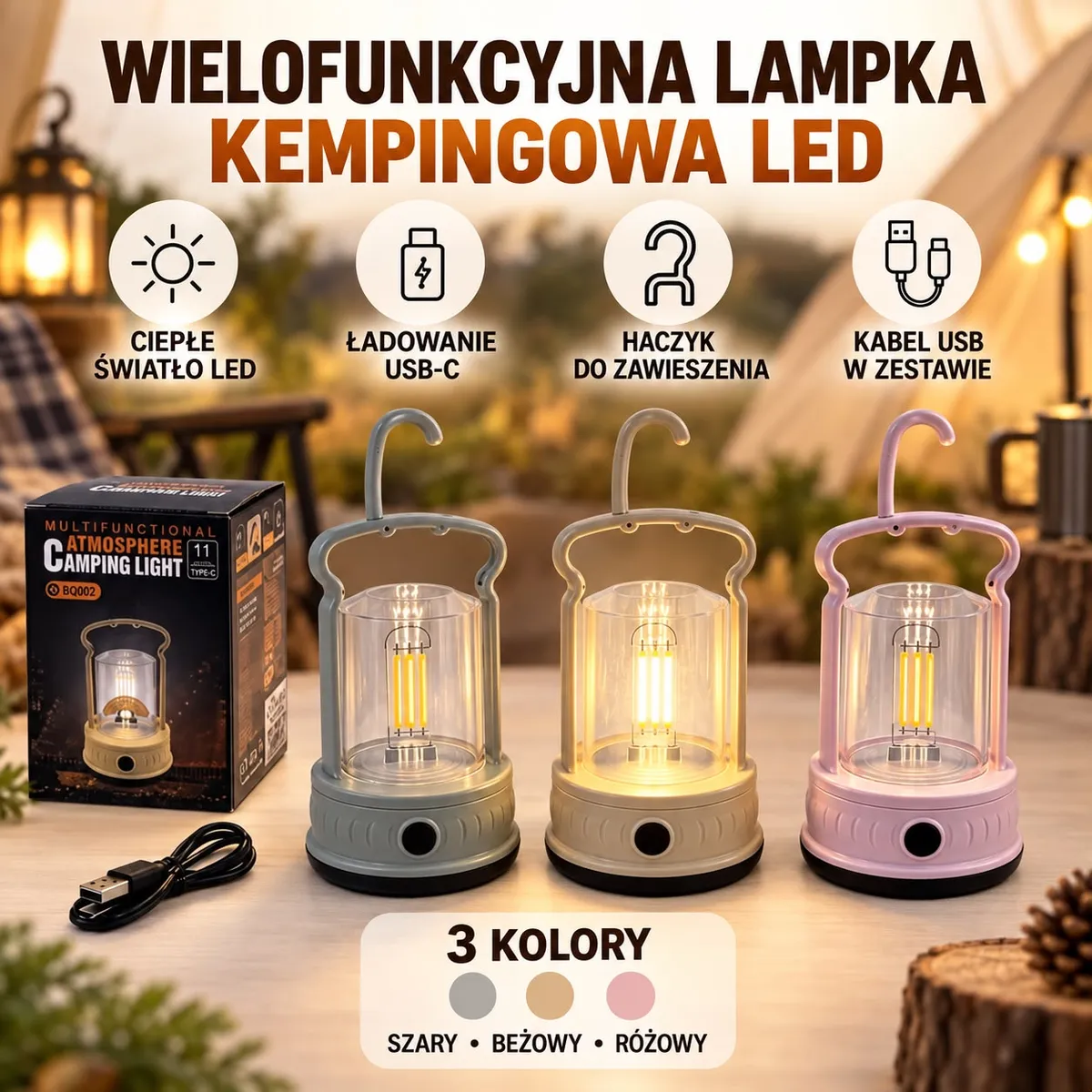 Trzy lampki kempingowe LED w kolorach szarym, beżowym i różowym z haczykami i kablem USB-C