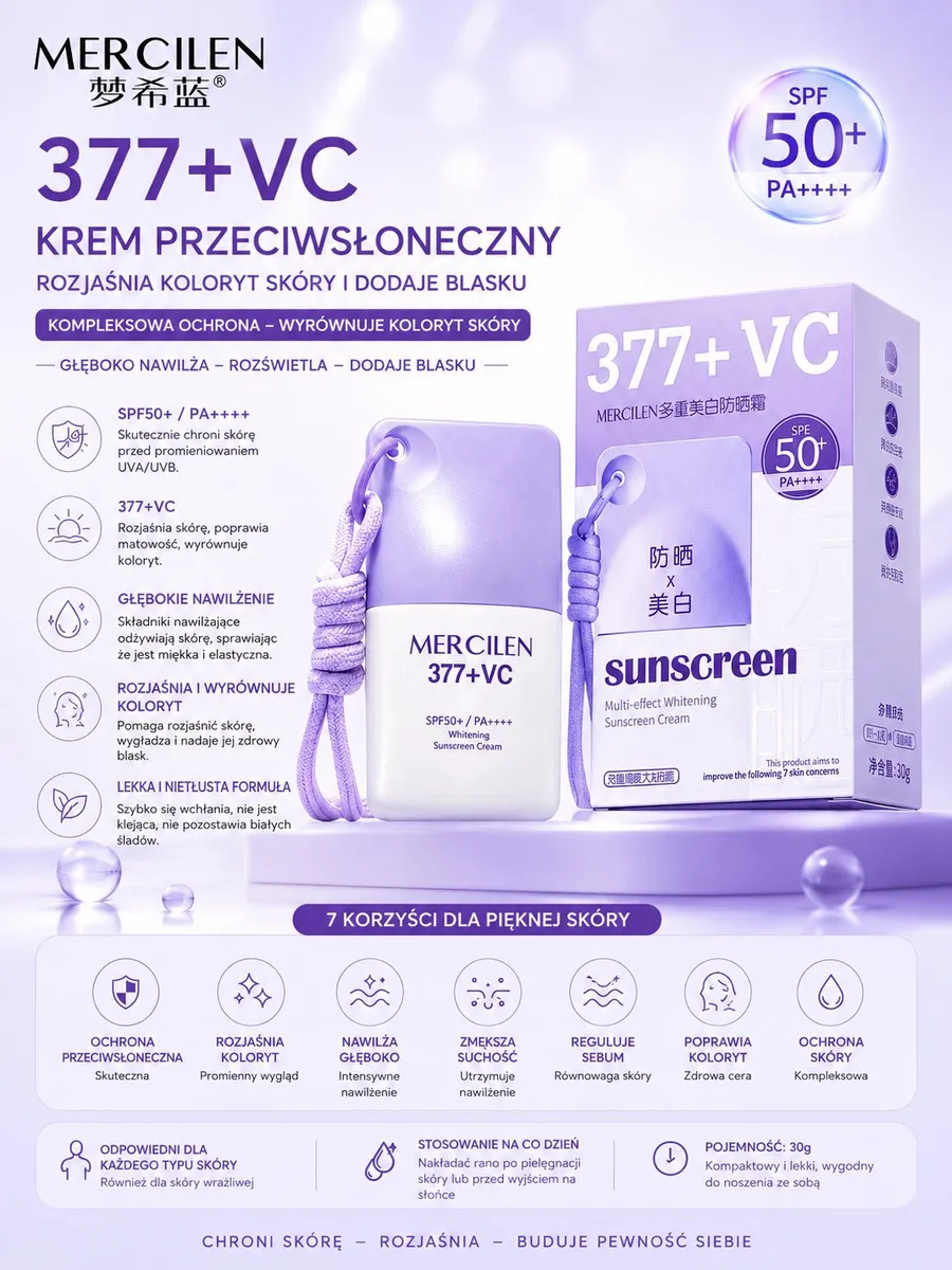 Butelka kremu przeciwsłonecznego Mercilen 377+VC SPF50+ PA++++ w jasnofioletowym opakowaniu z sznurkiem i kartonik