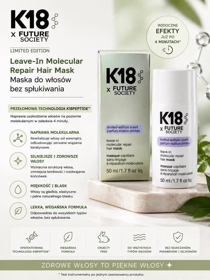 Opakowanie srebrne i biała butelka maski do włosów K18 x Future Society 50 ml na marmurowej podstawce
