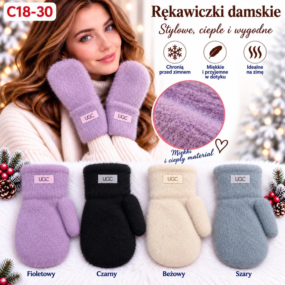 Rękawiczki damskie typu muff w kolorach fioletowym, czarnym, beżowym i szarym z logo UGC