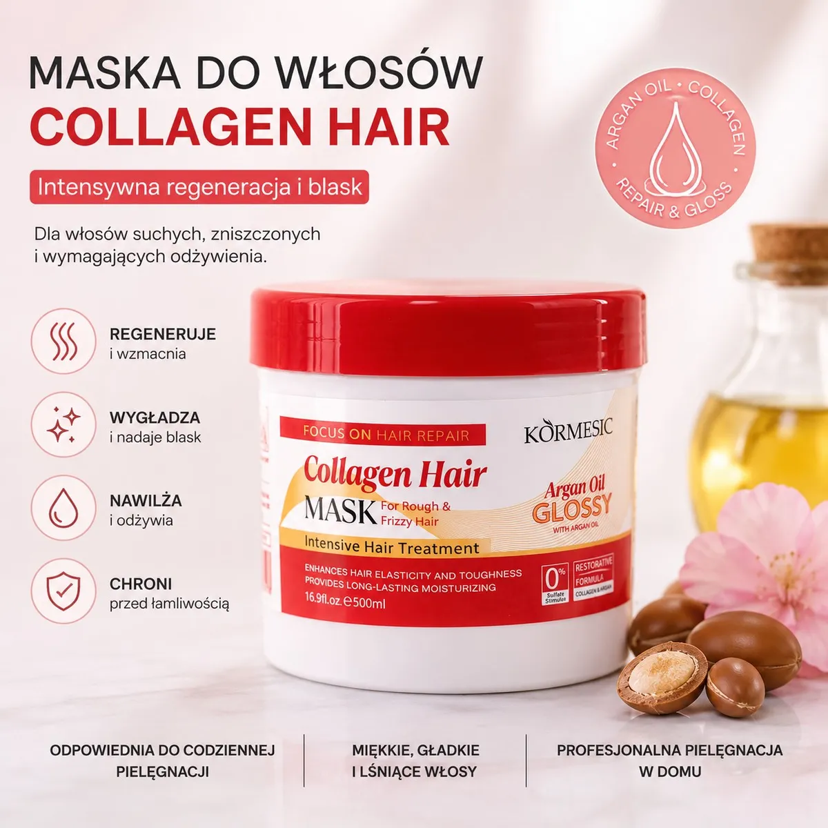Białe opakowanie maski do włosów KORMESIC z czerwonym wieczkiem i olejem arganowym