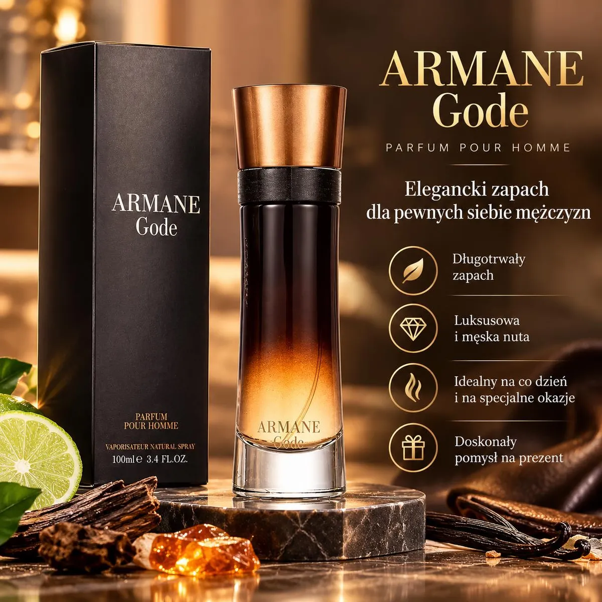 Butelka perfum Armane Gode 100 ml z gradientem brązu i złotą nakrętką obok czarnego pudełka