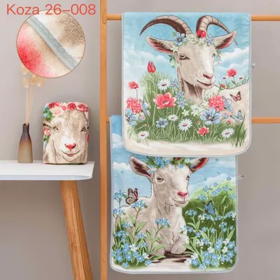 Ścierki z mikrofibry 40x60 cm z kolorowymi wzorami kozy i kwiatów na tle niebieskiego nieba