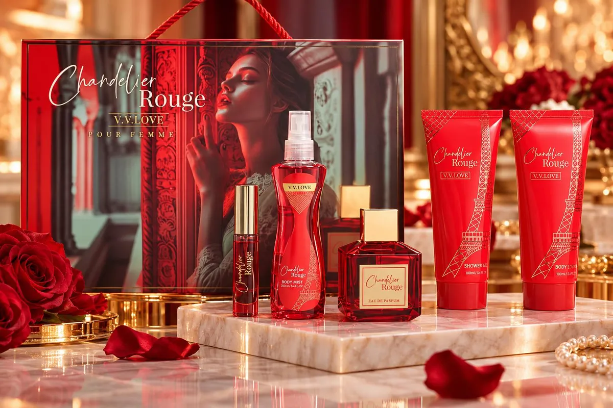 Zestaw kosmetyków Chandelier Rouge V.V.LOVE w czerwonych opakowaniach z motywem Wieży Eiffla na marmurowym blacie