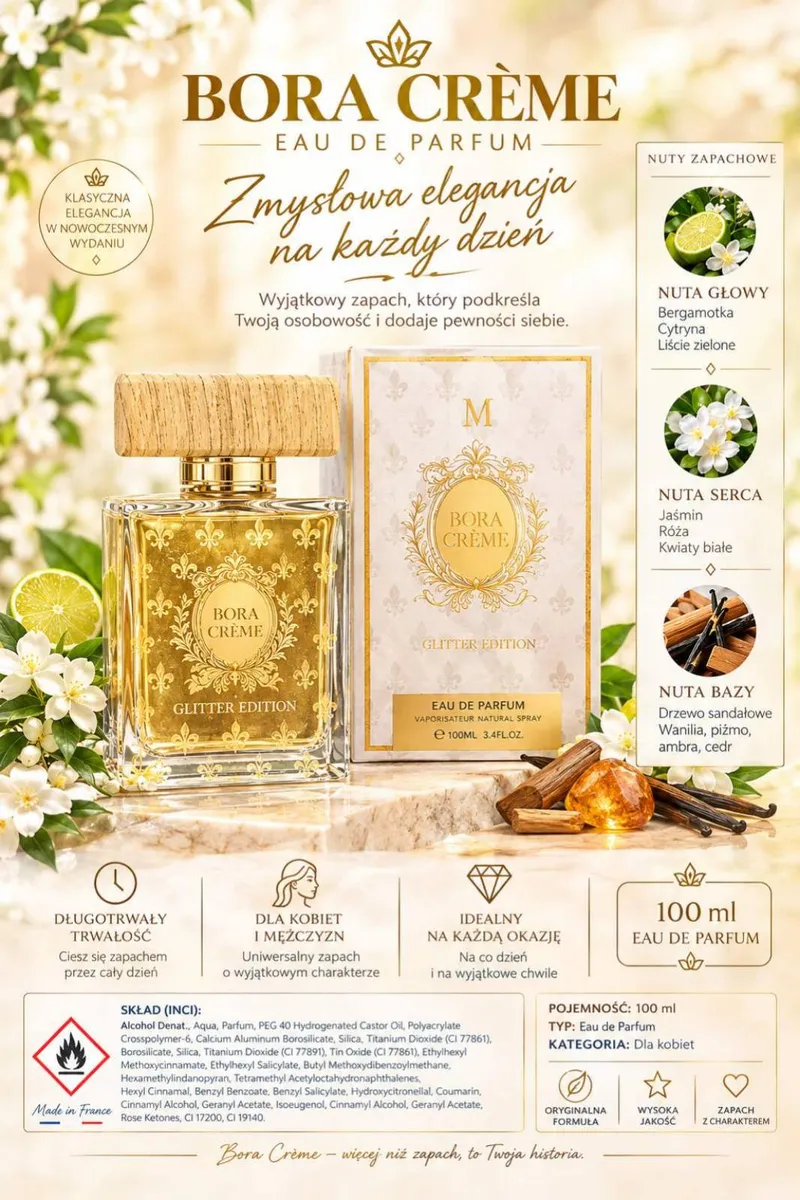 Flakon perfum Bora Crème glitter edition 100 ml z drewnianą zakrętką i eleganckim opakowaniem