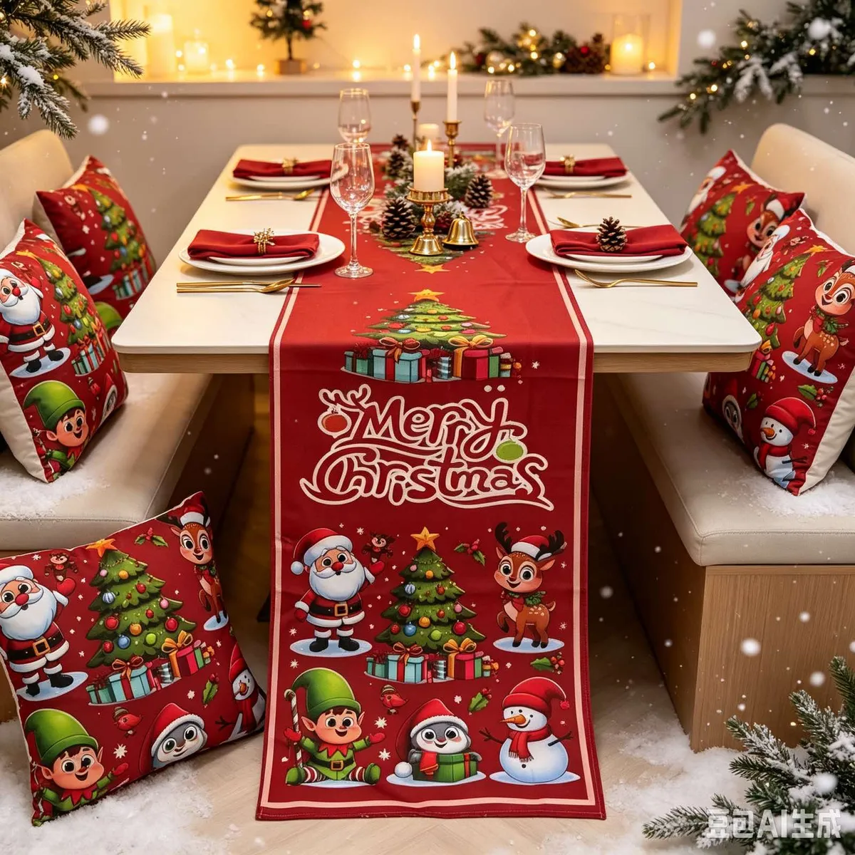 Czerwony bieżnik świąteczny 40x140 cm z Mikołajem, reniferem i choinką na stole