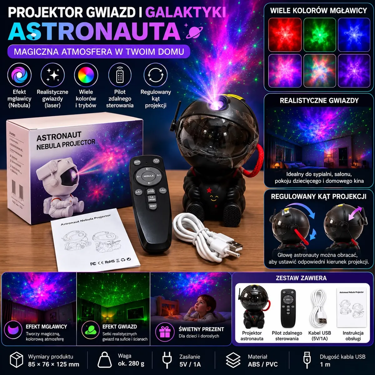 Czarny projektor astronauta LED z pilotem, kabel USB i instrukcja na drewnianym stole